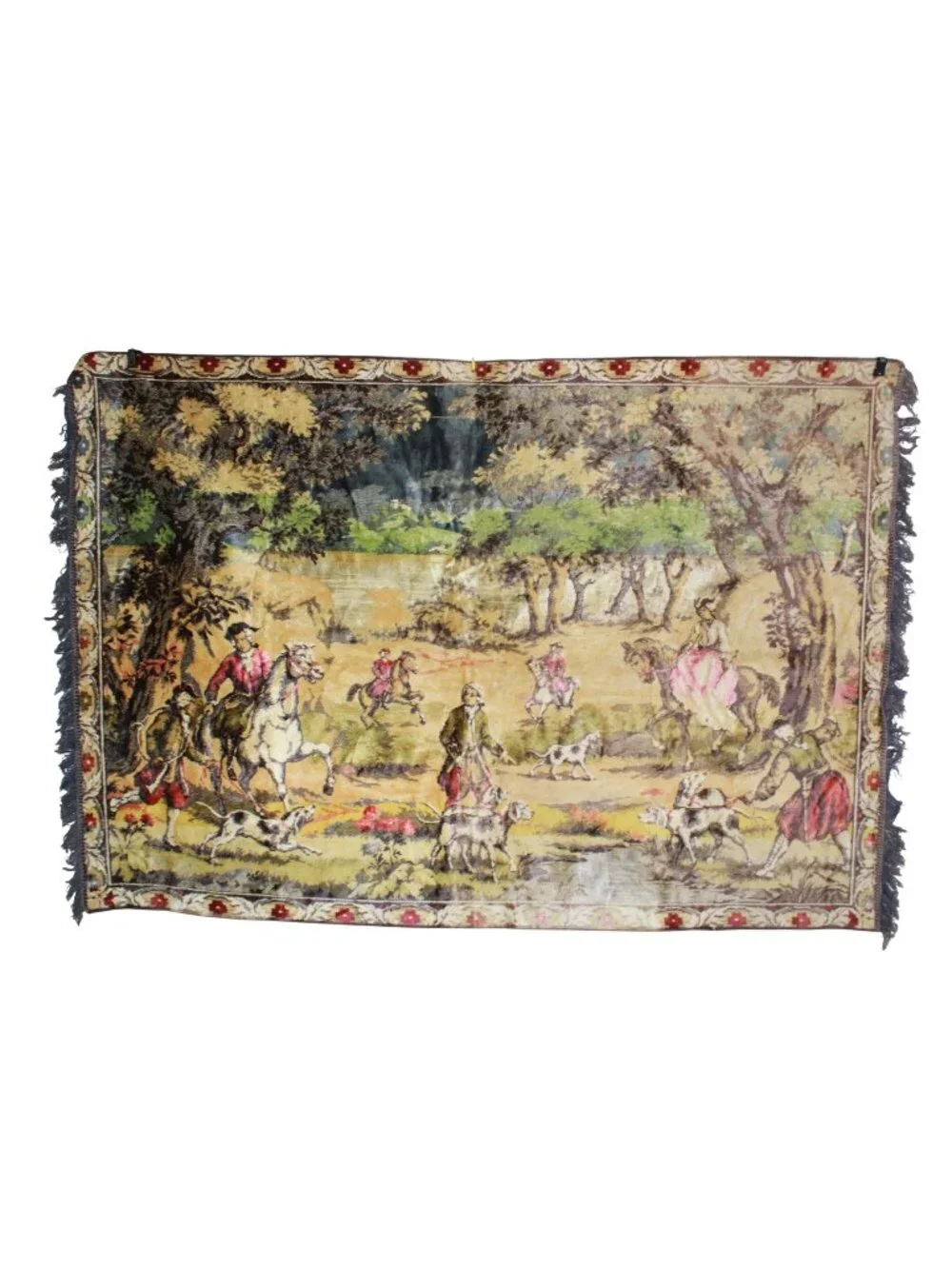 Vintage French Hunting Scene Tapestry Wall Hanging Blanket Fringe Decor 50x72